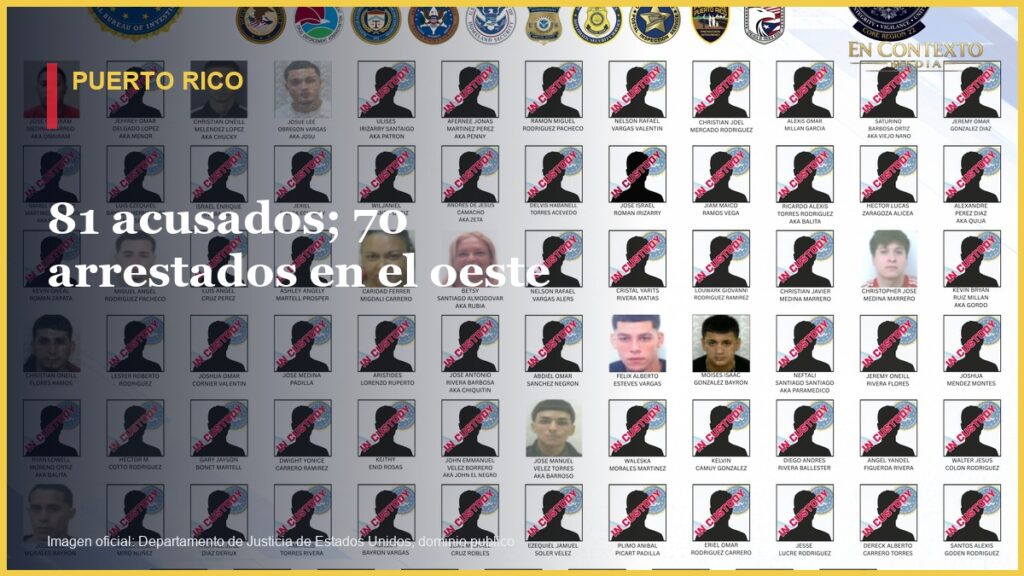 Cartel oficial de personas acusadas en el operativo federal realizado en el oeste de Puerto Rico.