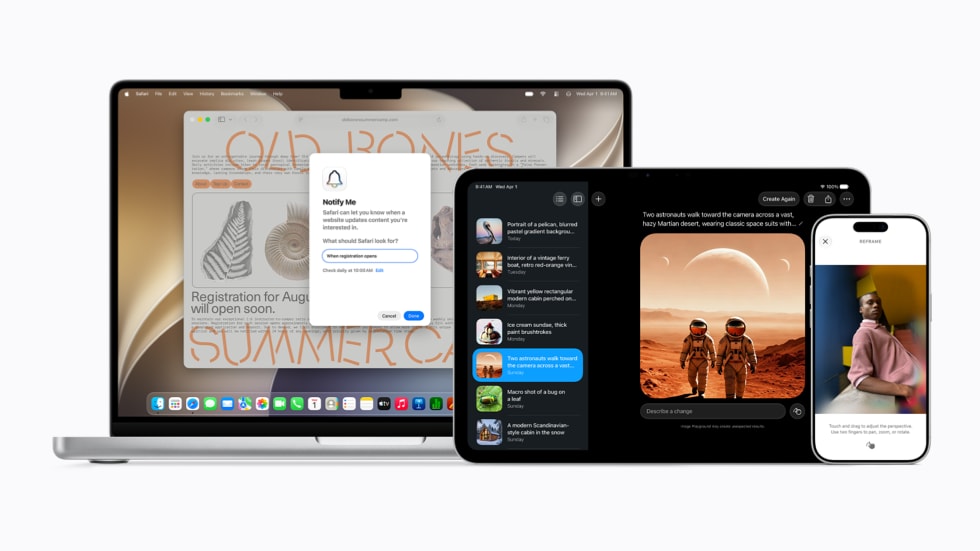 Dispositivos Apple mostrando interfaces de Apple Intelligence
