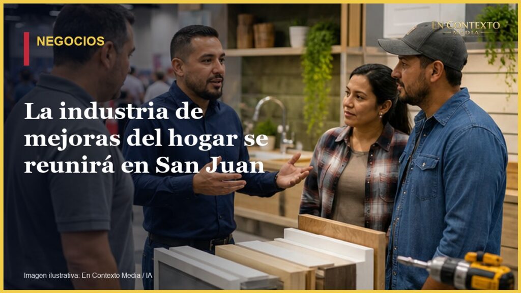 Contratistas y propietarios conversando frente a muestras de materiales en una feria de mejoras del hogar.