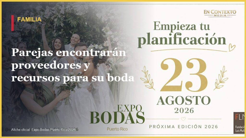 Afiche oficial de Expo Bodas Puerto Rico 2026 con una pareja y su cortejo nupcial.