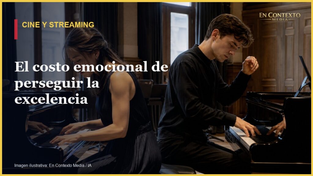 Dos pianistas jóvenes ensayan en pianos de cola dentro de una academia de música.