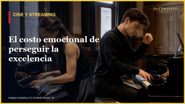 Dos pianistas jóvenes ensayan en pianos de cola dentro de una academia de música.