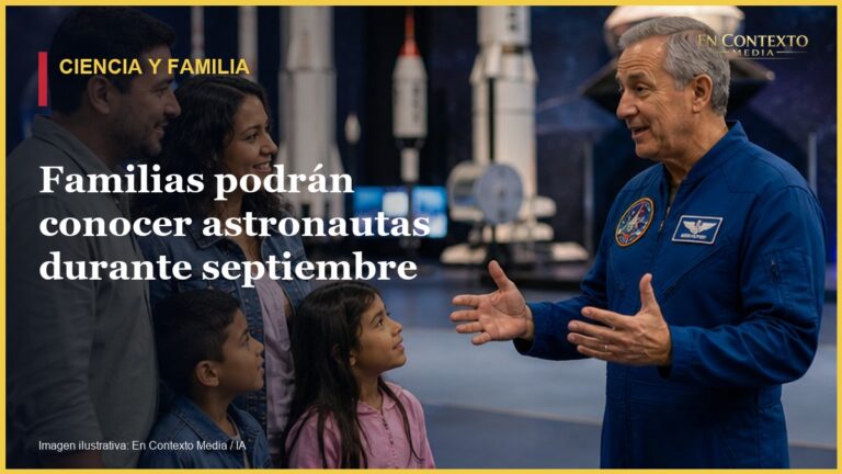 Familia escuchando a un astronauta durante una actividad educativa en un museo espacial.