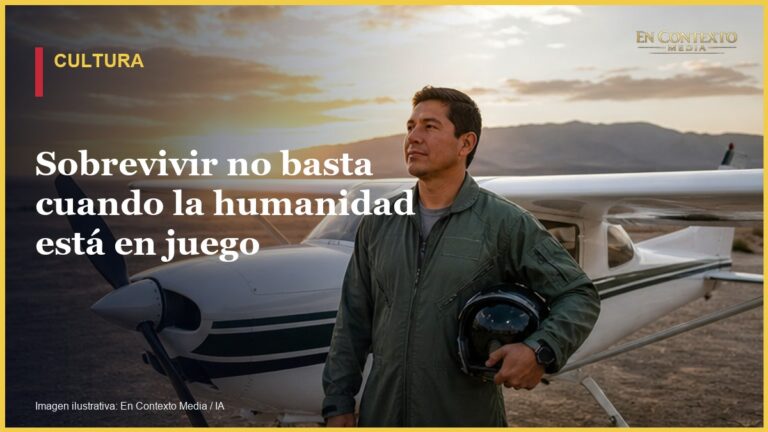Piloto adulto junto a una avioneta en un paisaje desolado iluminado por el amanecer.