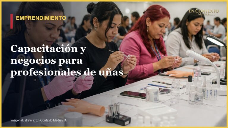 Profesionales de uñas participando en una capacitación práctica dentro de un centro de convenciones.