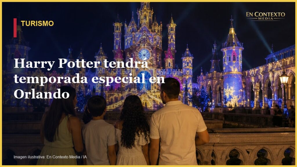 Familia observando un espectáculo nocturno de luces proyectadas sobre un castillo fantástico.