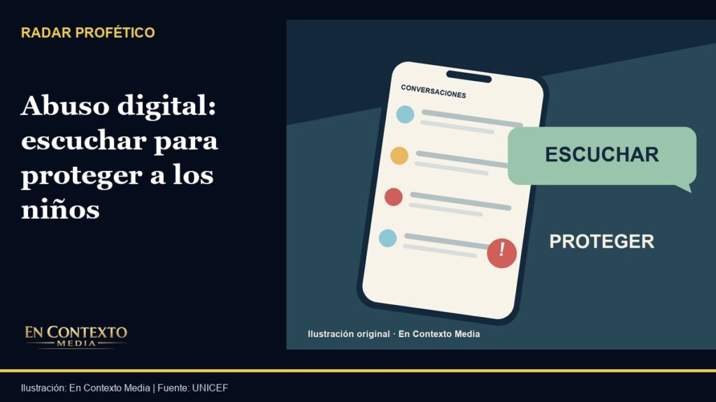 Ilustración explicativa original de un teléfono y una conversación de ayuda, sin representar a una víctima real.