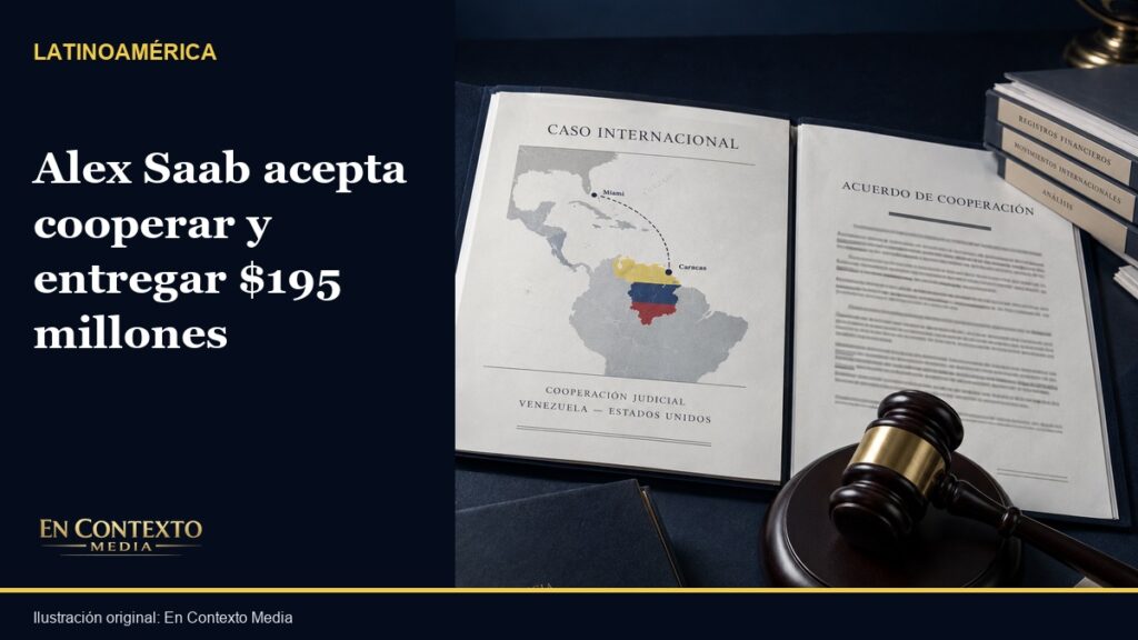 Ilustración editorial de un expediente judicial entre Venezuela y Estados Unidos junto a un mazo.