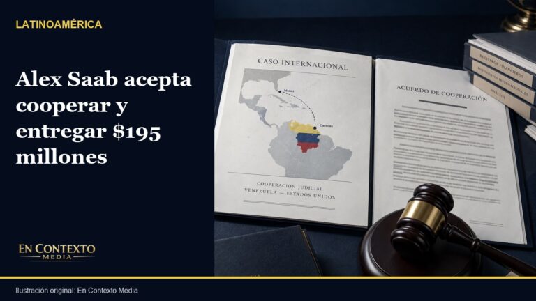 Ilustración editorial de un expediente judicial entre Venezuela y Estados Unidos junto a un mazo.