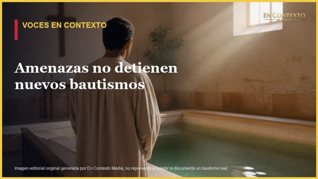 Ilustración editorial de un pastor no identificado junto a un bautisterio en una iglesia.