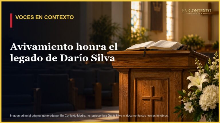 Imagen editorial de un púlpito vacío con una Biblia abierta y flores blancas en una iglesia.