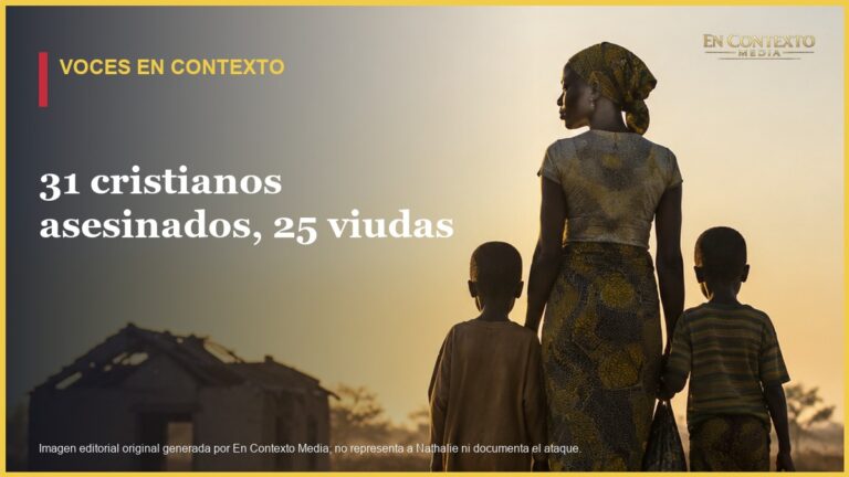 Ilustración editorial de una madre y dos niños desplazados caminando por una comunidad rural de África occidental.