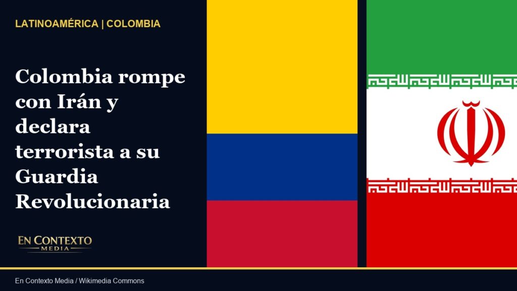 Composición editorial con las banderas de Colombia e Irán separadas por una franja oscura.