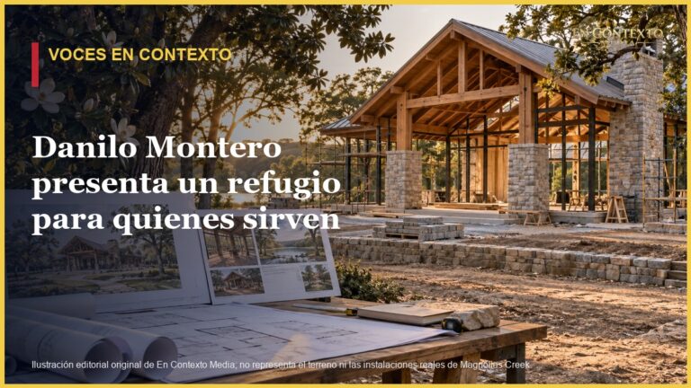 Ilustración editorial de un centro de retiros en construcción rodeado de árboles y planos arquitectónicos.
