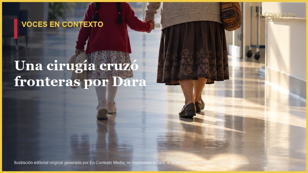 Ilustración editorial de una niña y su abuela caminando tomadas de la mano por un pasillo de hospital.
