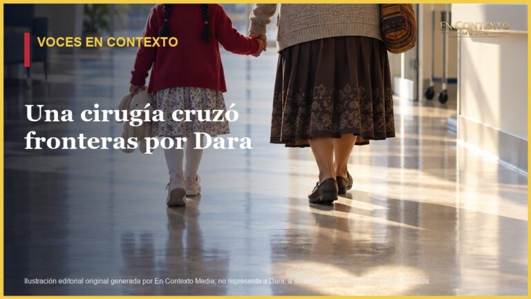 Ilustración editorial de una niña y su abuela caminando tomadas de la mano por un pasillo de hospital.