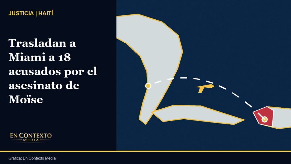 Gráfica editorial que representa la ruta aérea desde Haití hasta Florida usada para trasladar a 18 acusados en el caso Jovenel Moïse.