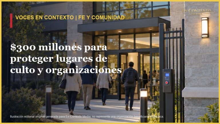 Ilustración editorial de la entrada segura de un centro comunitario con cámara, iluminación y control de acceso.