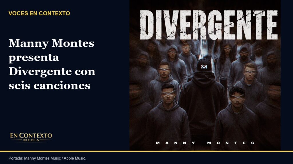 Portada oficial del EP Divergente de Manny Montes, con el artista de espaldas frente a una multitud de figuras.