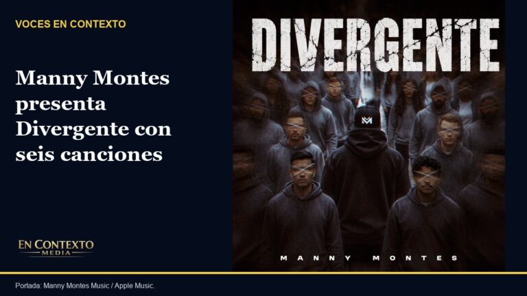 Portada oficial del EP Divergente de Manny Montes, con el artista de espaldas frente a una multitud de figuras.