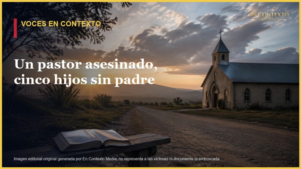 Ilustración editorial de una Biblia abierta junto a una carretera rural y una iglesia al amanecer.