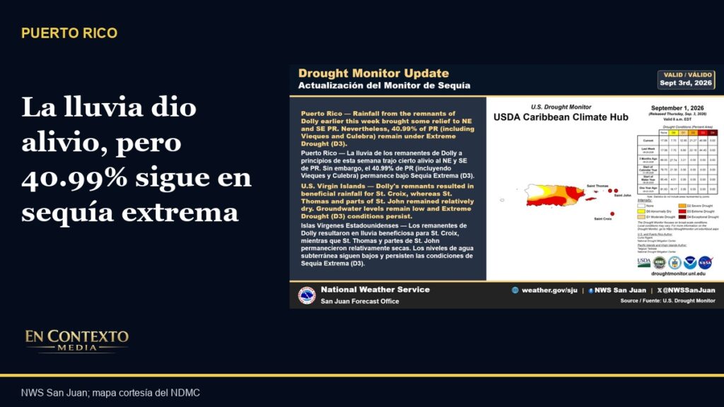 Mapa oficial del Monitor de Sequía que muestra amplias zonas de Puerto Rico bajo sequía extrema, severa y moderada.