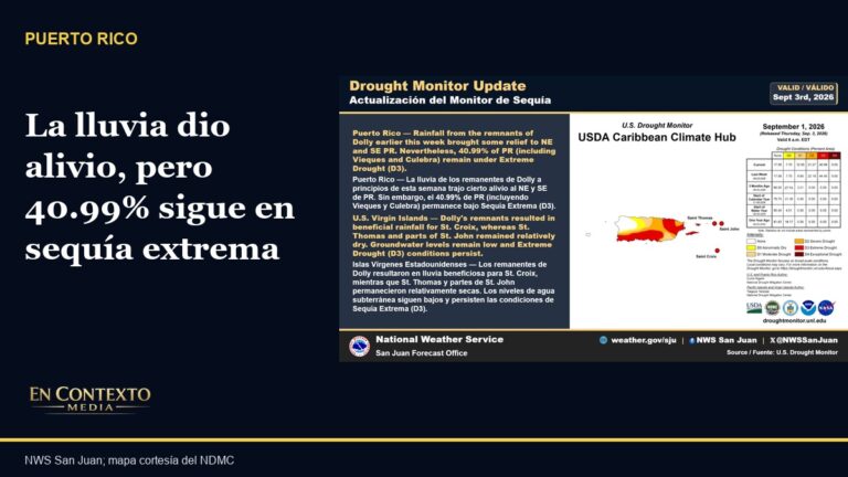 Mapa oficial del Monitor de Sequía que muestra amplias zonas de Puerto Rico bajo sequía extrema, severa y moderada.