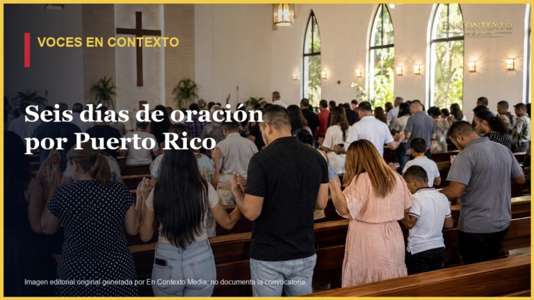 Ilustración editorial de familias y adultos puertorriqueños unidos en oración dentro de una iglesia.