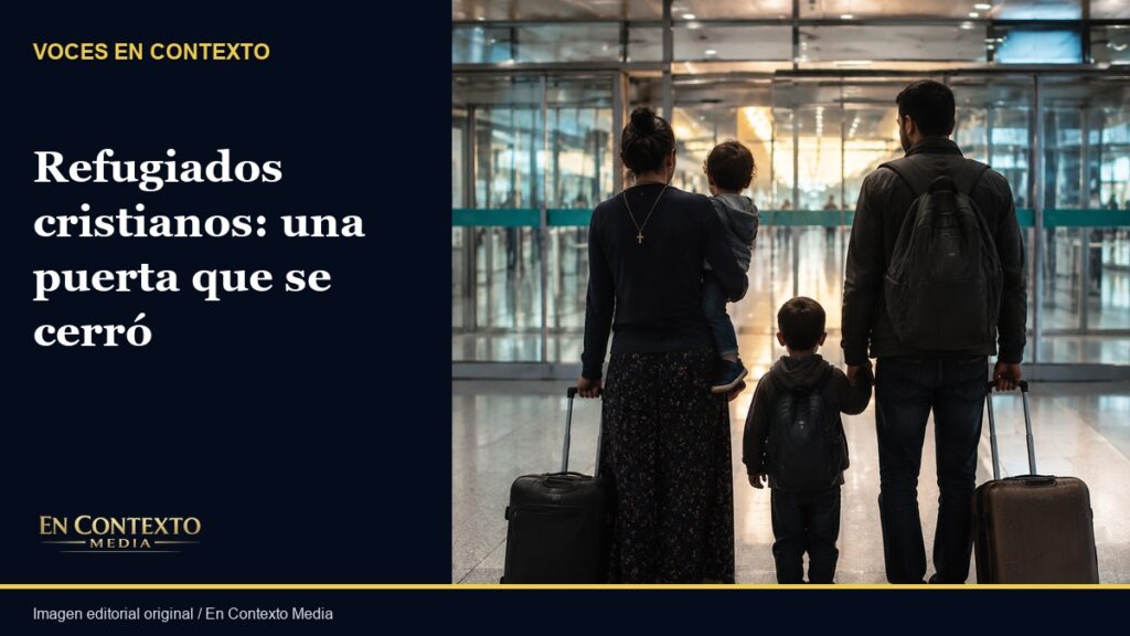Familia anónima con equipaje frente a una entrada cerrada en un aeropuerto; representación editorial.