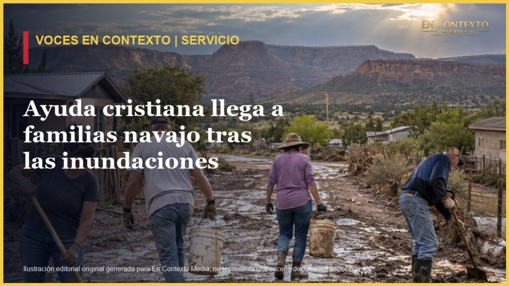 Ilustración editorial de voluntarios retirando lodo después de una inundación en el norte de Arizona.