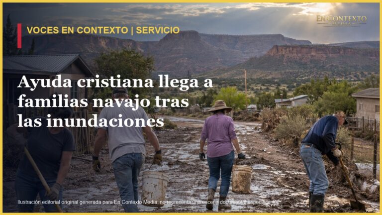 Ilustración editorial de voluntarios retirando lodo después de una inundación en el norte de Arizona.
