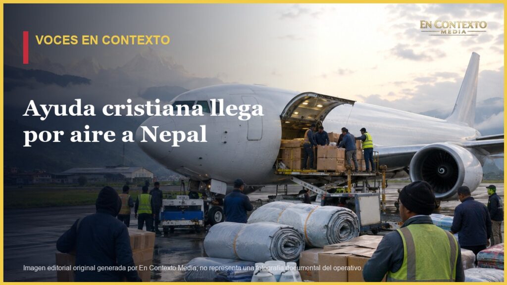 Ilustración editorial de un avión de carga descargando suministros humanitarios en una zona montañosa de Nepal.