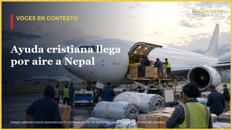 Ilustración editorial de un avión de carga descargando suministros humanitarios en una zona montañosa de Nepal.
