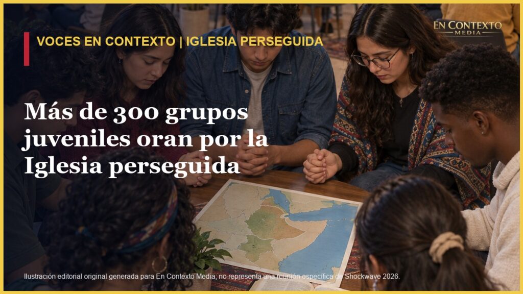 Ilustración editorial de grupos juveniles reunidos en oración alrededor de una Biblia y un mapa del Cuerno de África.