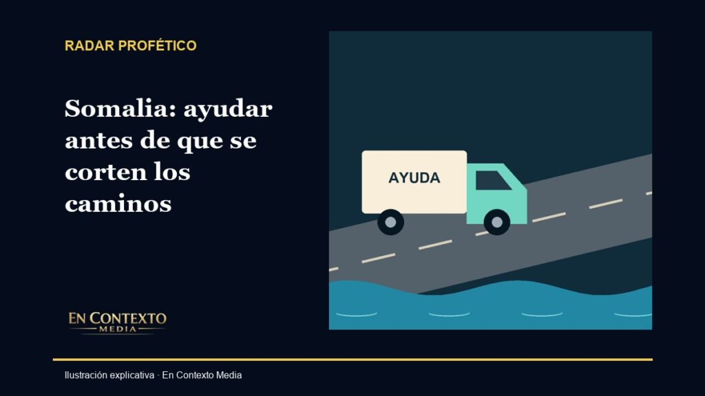 Ilustración de un transporte de ayuda frente a una ruta amenazada por agua, sobre el riesgo de acceso en Somalia.