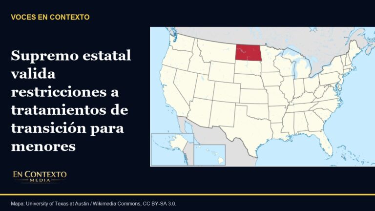 Mapa de Estados Unidos con Dakota del Norte resaltado en rojo.