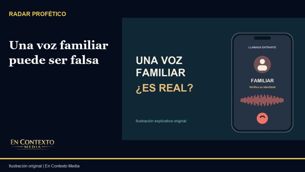 Ilustración de un teléfono con llamada entrante y la pregunta sobre la autenticidad de una voz familiar.