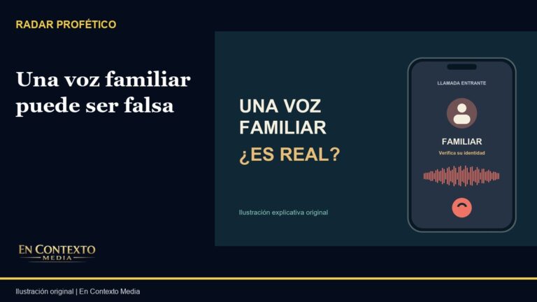 Ilustración de un teléfono con llamada entrante y la pregunta sobre la autenticidad de una voz familiar.