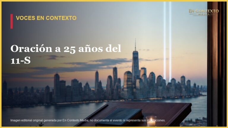 Ilustración editorial de un podio con una Biblia frente al horizonte de Nueva York y dos haces de luz conmemorativos.