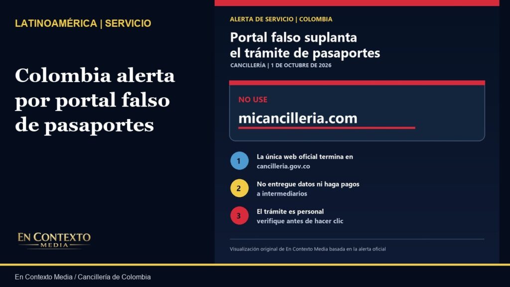 Alerta editorial sobre el portal falso micancilleria.com y recomendaciones para proteger datos y pagos al gestionar un pasaporte colombiano.