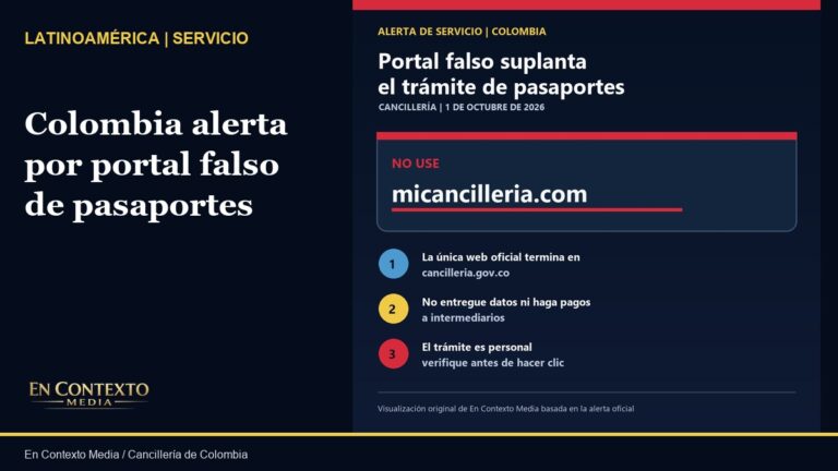 Alerta editorial sobre el portal falso micancilleria.com y recomendaciones para proteger datos y pagos al gestionar un pasaporte colombiano.