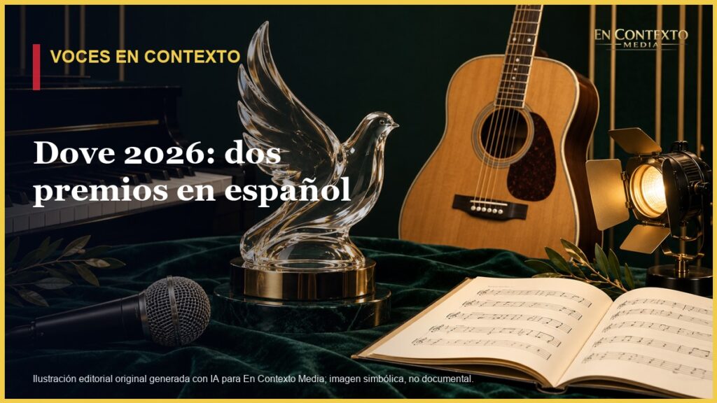 Ilustración simbólica de un micrófono, una guitarra acústica y una paloma de vidrio para una nota sobre ganadores de música cristiana.