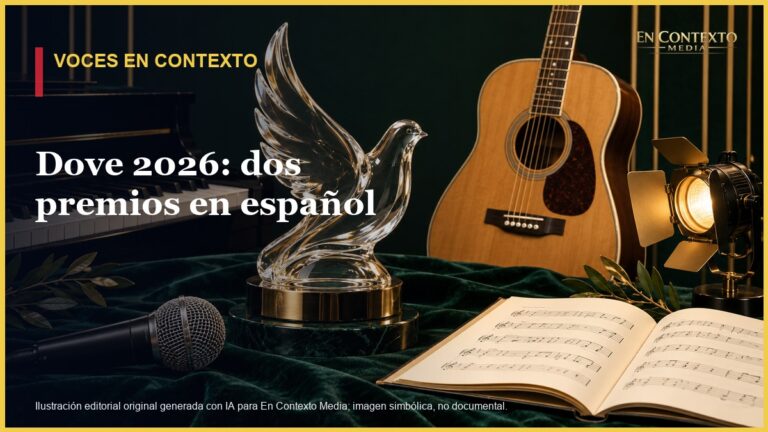 Ilustración simbólica de un micrófono, una guitarra acústica y una paloma de vidrio para una nota sobre ganadores de música cristiana.