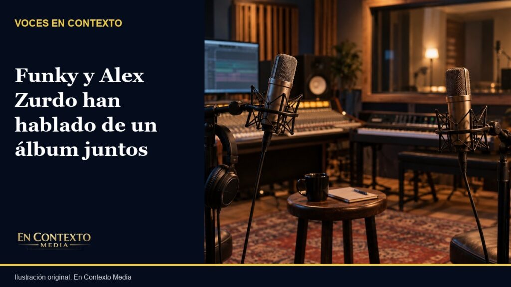 Dos micrófonos frente a frente en un estudio musical, como representación de una colaboración entre artistas