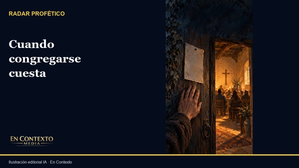 Ilustración simbólica de una mano junto a la puerta iluminada de una iglesia ficticia.
