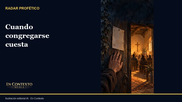 Ilustración simbólica de una mano junto a la puerta iluminada de una iglesia ficticia.