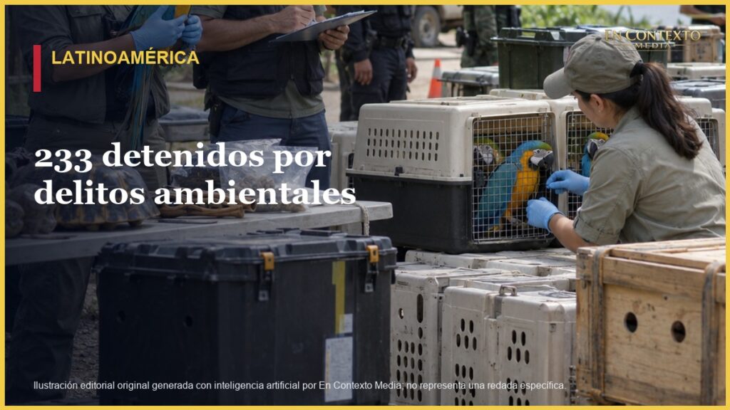 Ilustración editorial de investigadores ambientales registrando animales rescatados y evidencia en una zona tropical.