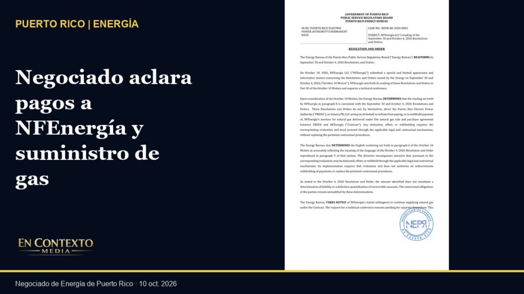 Primera página de la Resolución y Orden del Negociado de Energía de Puerto Rico sobre pagos a NFEnergía y suministro de gas.