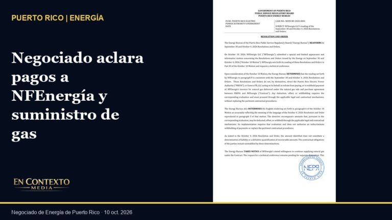 Primera página de la Resolución y Orden del Negociado de Energía de Puerto Rico sobre pagos a NFEnergía y suministro de gas.