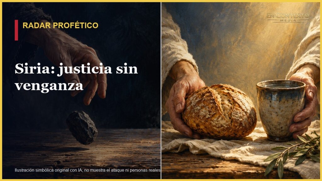 Ilustración simbólica: una mano suelta una piedra y otras ofrecen pan y agua.